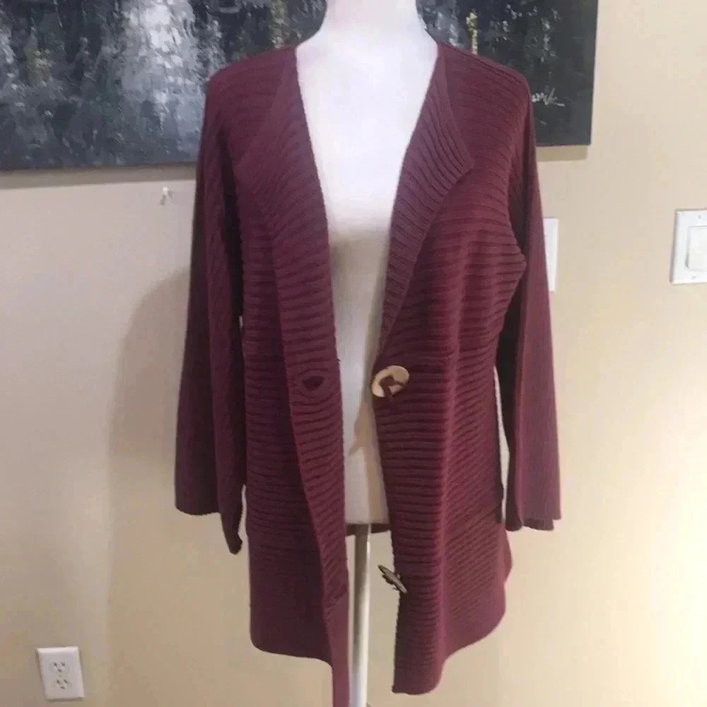 Modern Soul Lagenlook Burgundy Button Front Cotton Blend Cardigan Sweater-Size L - Picture 5 of 13